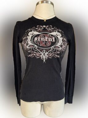 Women’s Sinful Black Long-Sleeve Graphic Top with Red & White Crest